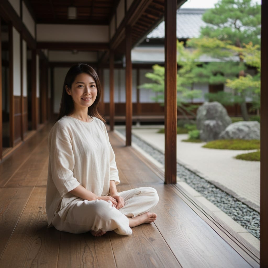 petite asian woman temple corridor meditation 96534716