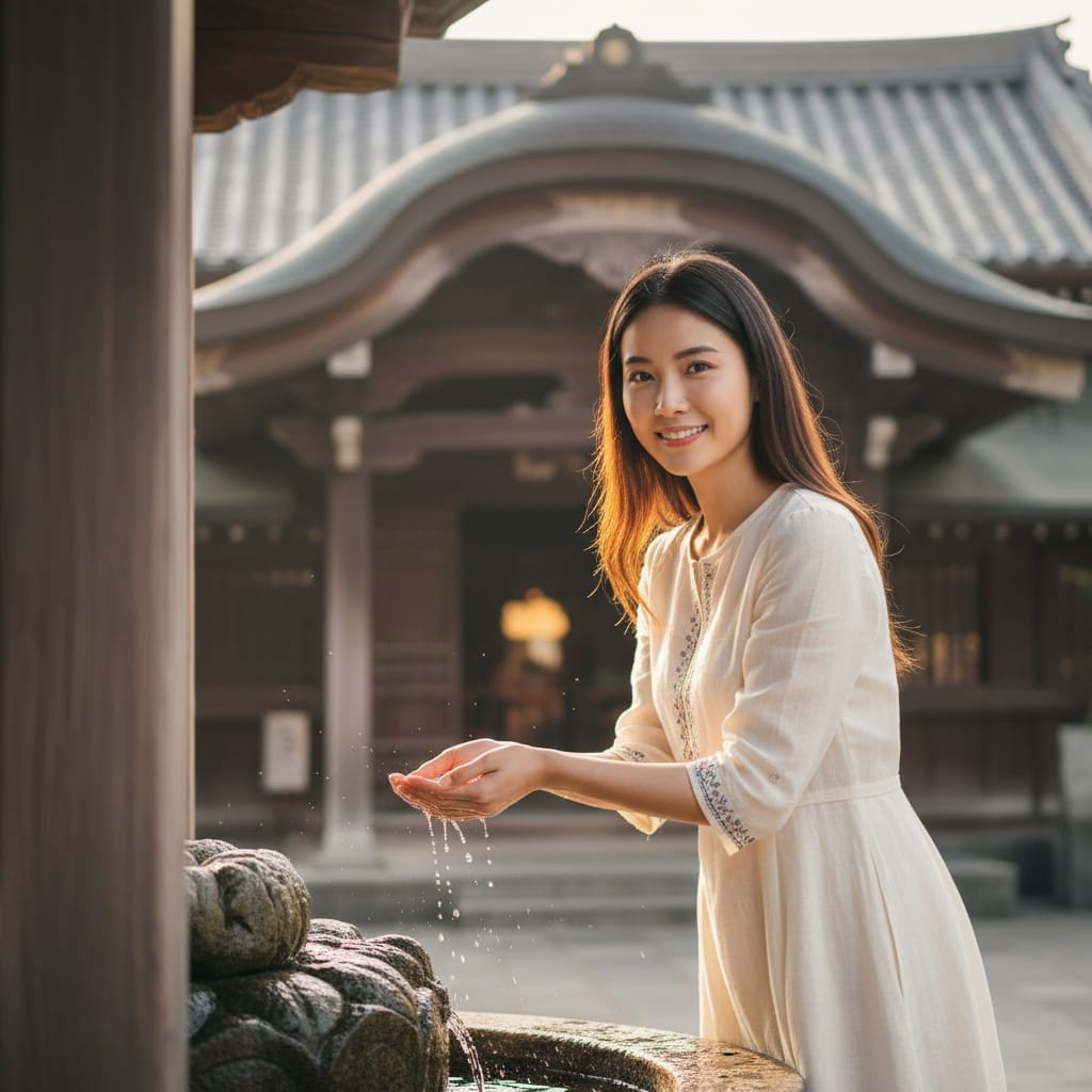 petite asian woman temple entrance prayer 72745086