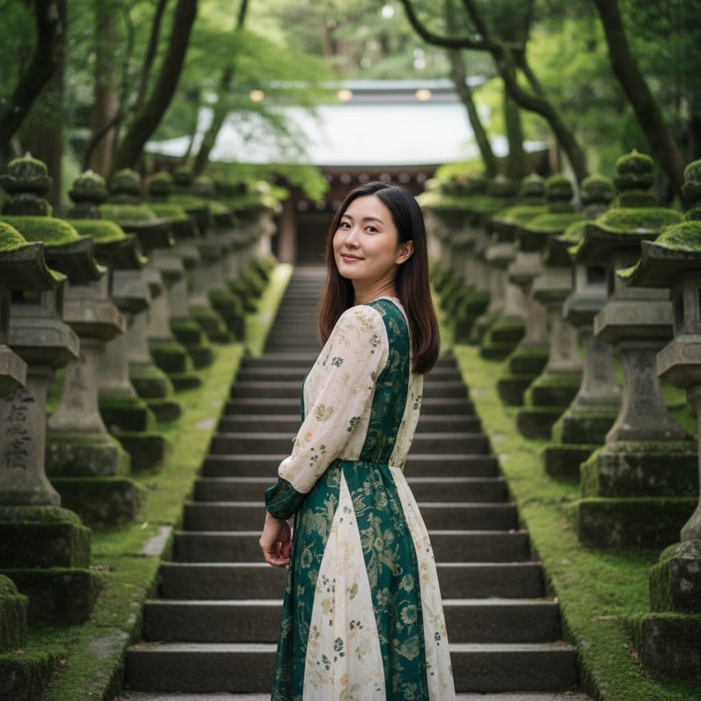 petite asian woman temple steps lanterns 56057069