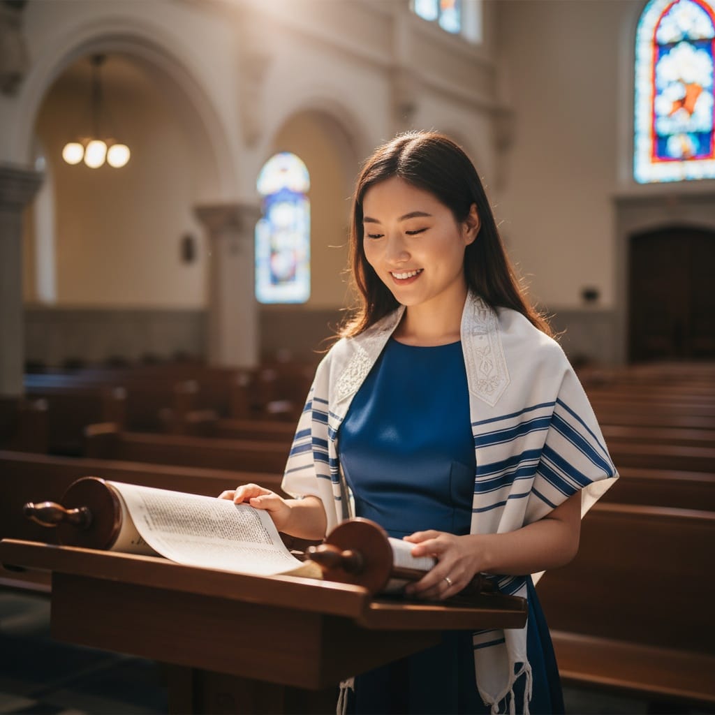 petite asian woman torah reading pose 19236561