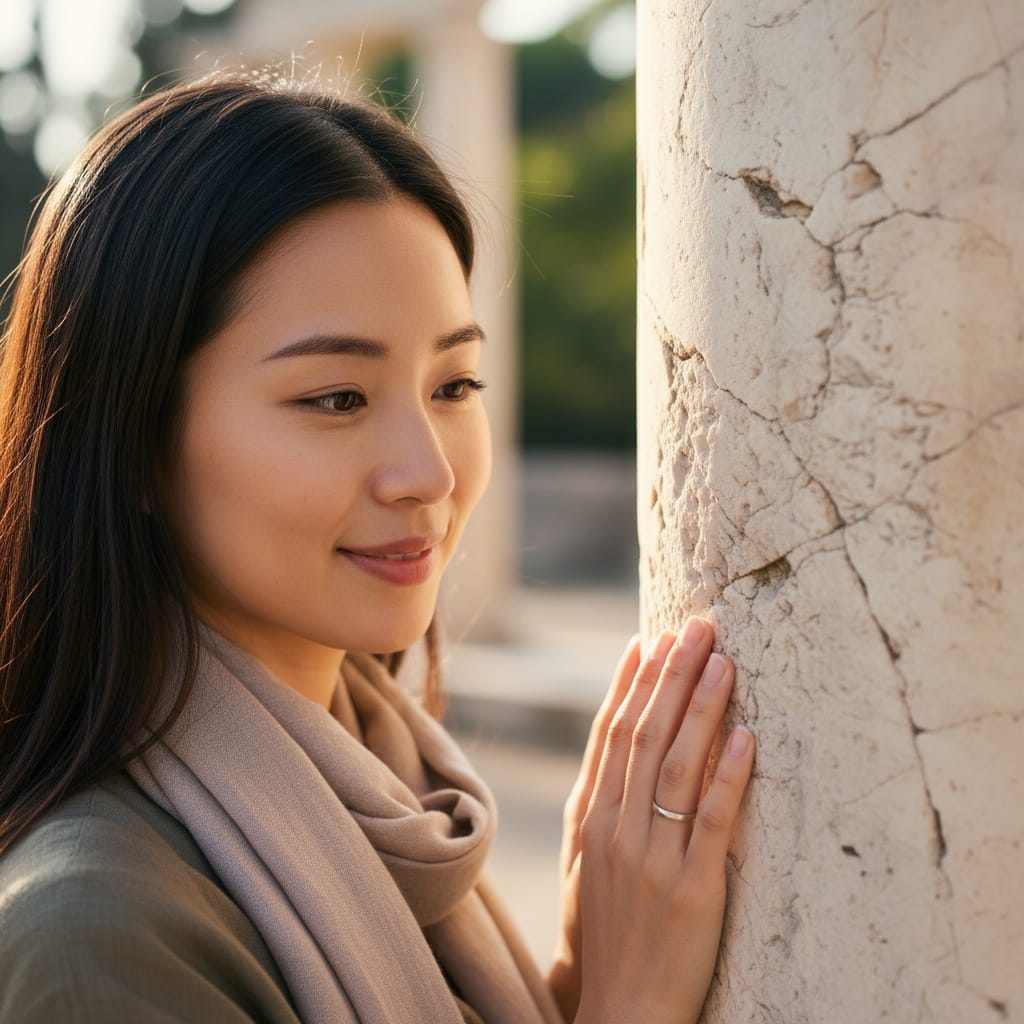 petite asian woman touching ancient marble 52581517