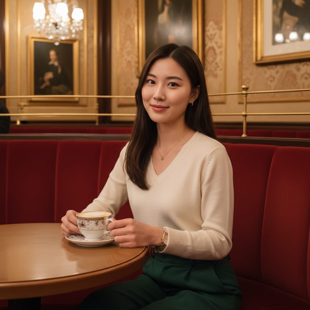 petite asian woman vienna coffee house interior 38647099