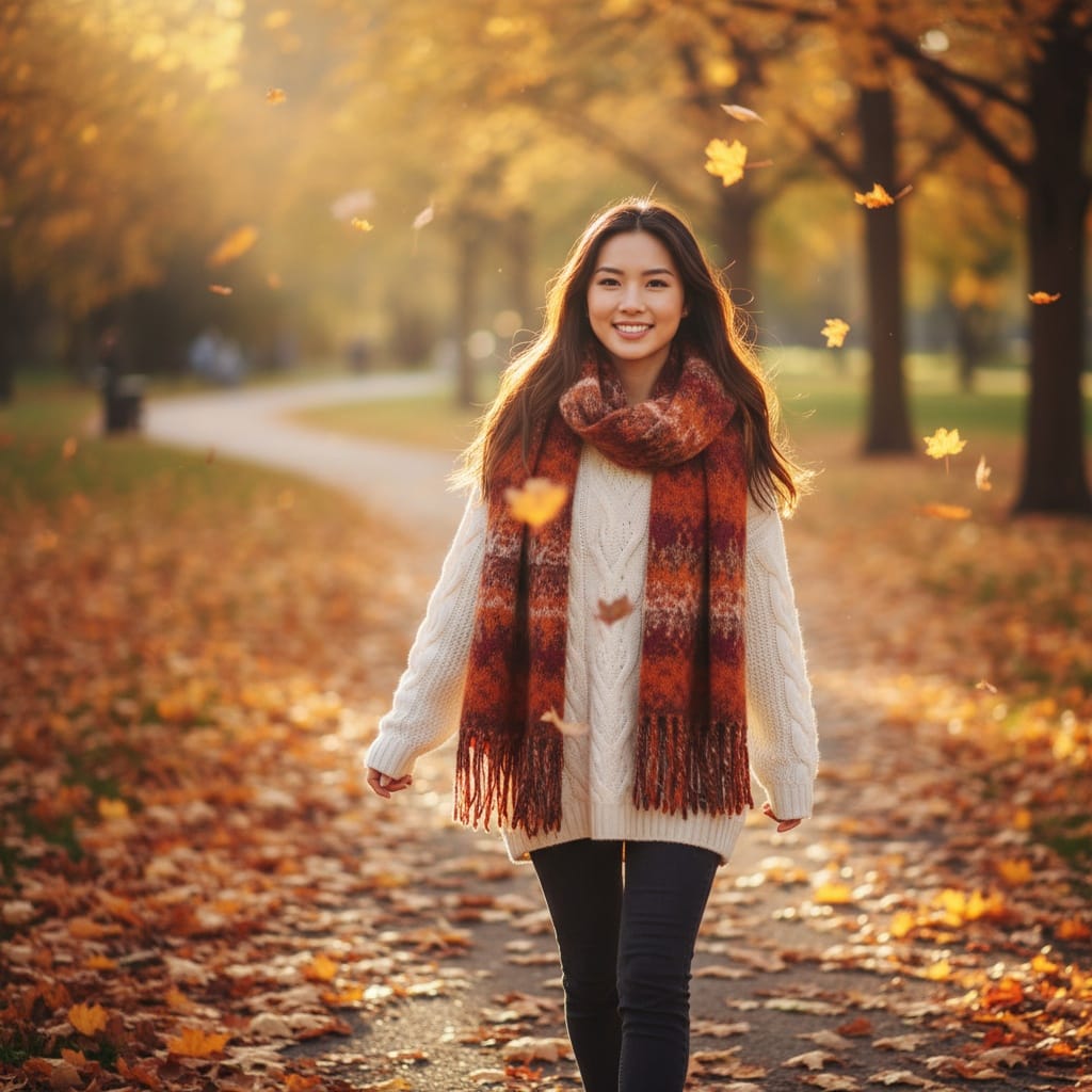petite asian woman walking through autumn leaves 92589648