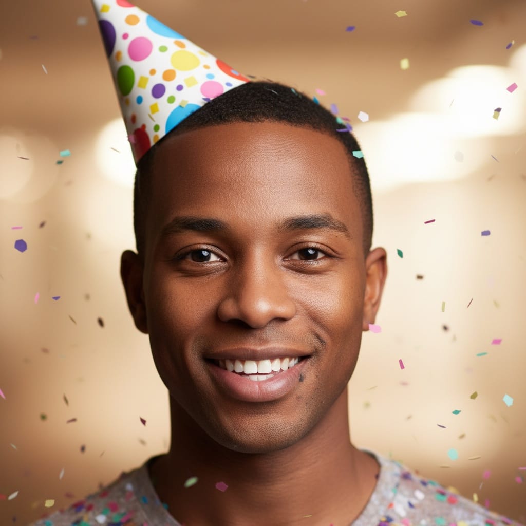 petite black man birthday hat close up 87511223