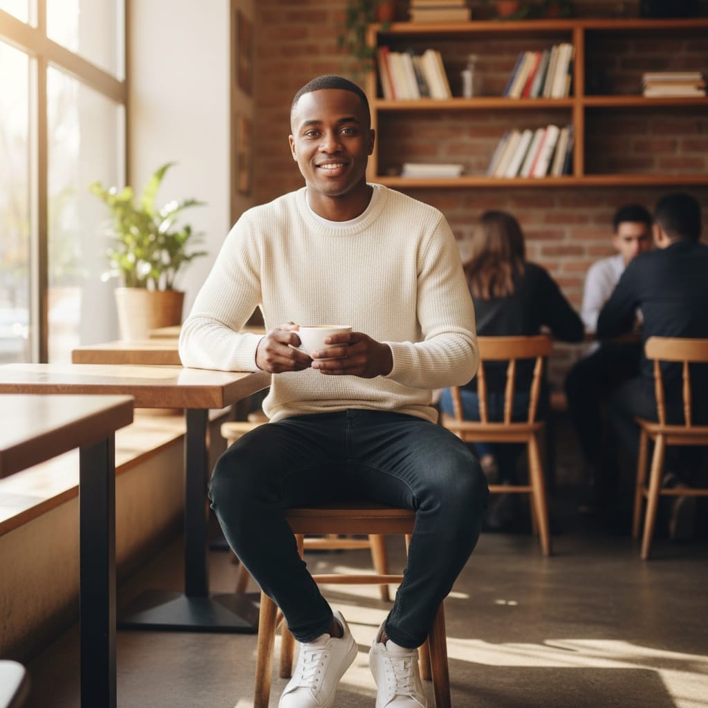 petite black man coffee shop casual chic 61868812