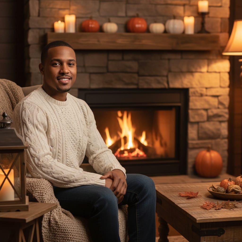 petite black man cozy fireplace thanksgiving 45639045