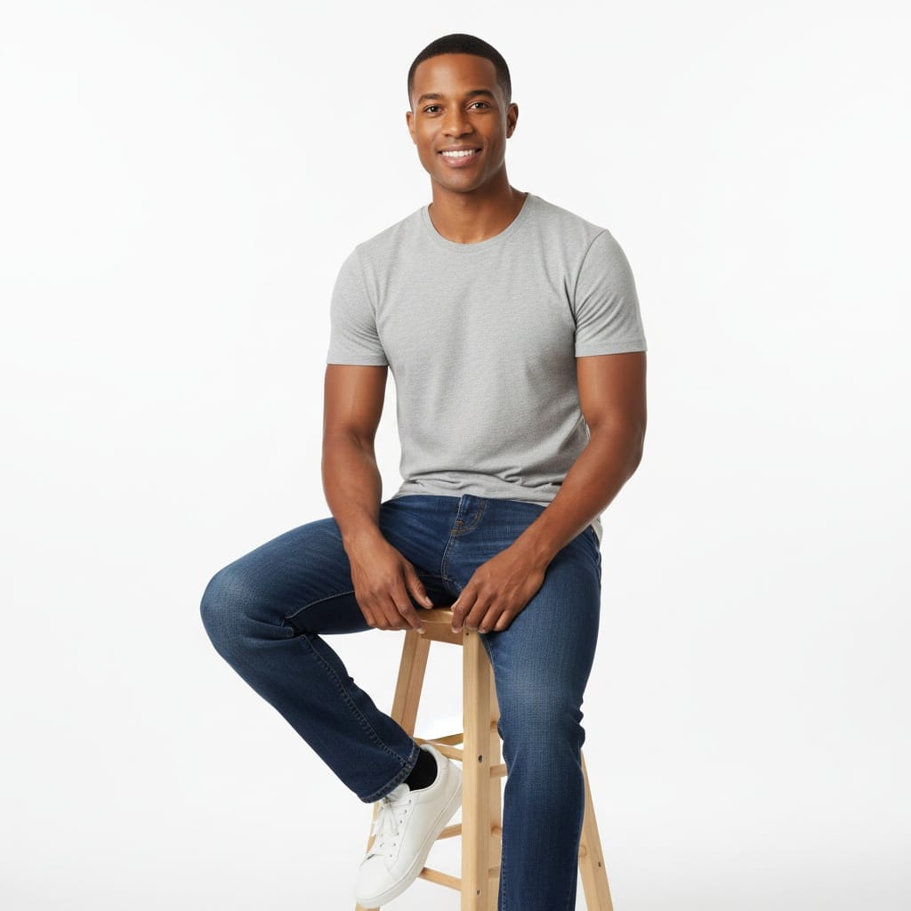 petite black man sitting pose studio 14950264