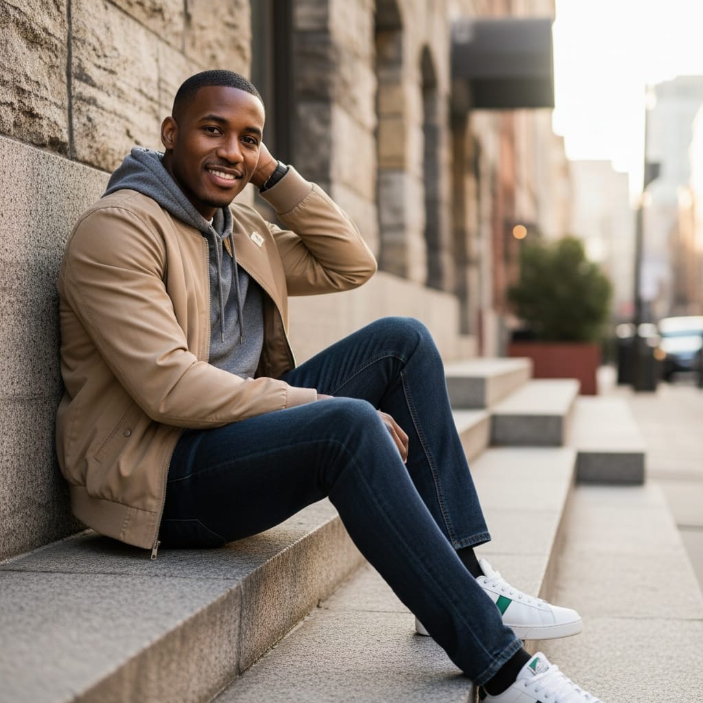 petite black man sitting steps casual 34898799