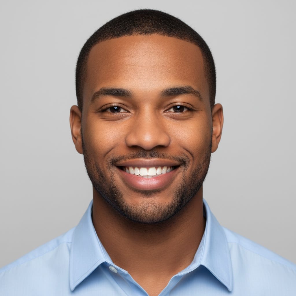 petite black man smiling commercial friendly 15049536