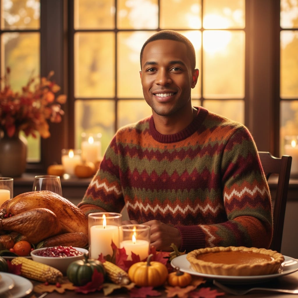 petite black man warm autumn dinner table 80443152
