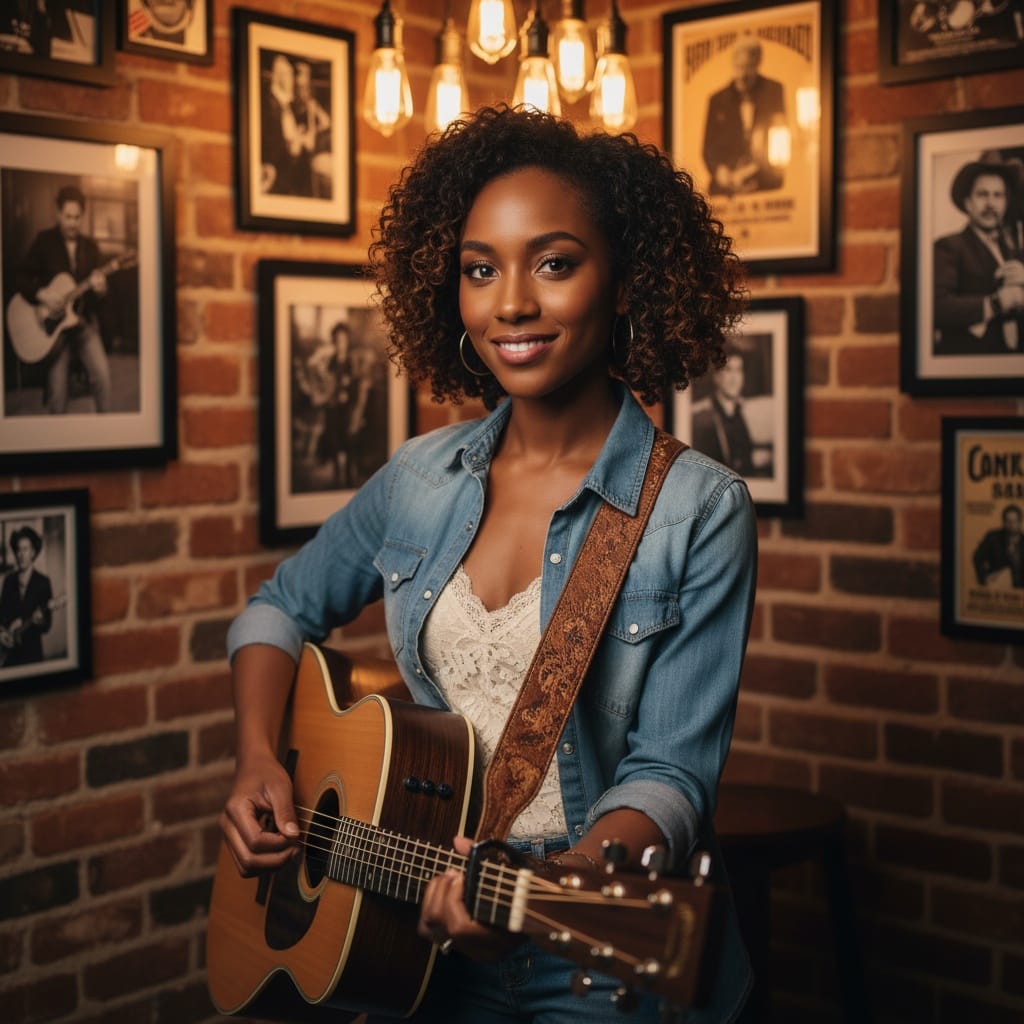 petite black woman acoustic corner intimate setting 49112137