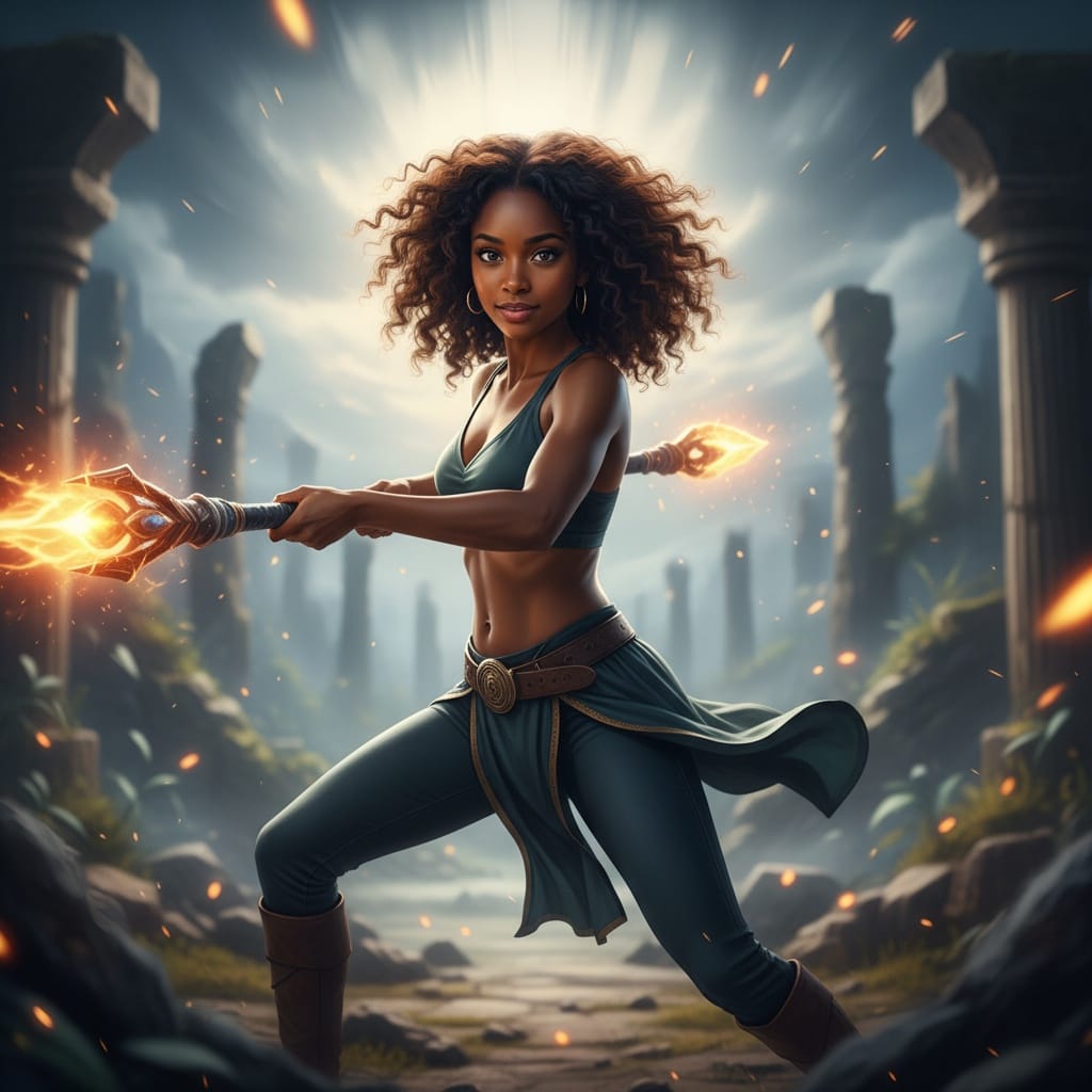 petite black woman action pose mid combat 42143186