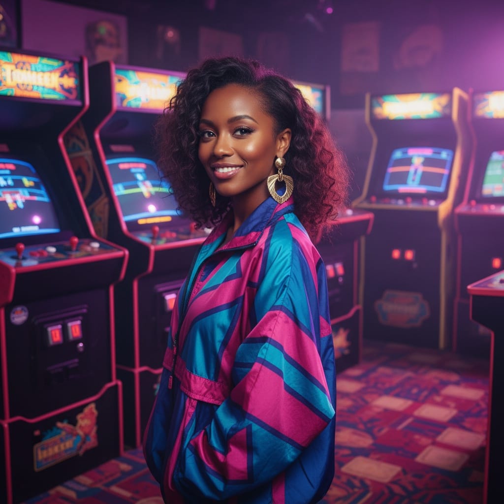 petite black woman arcade gaming atmosphere 91387455