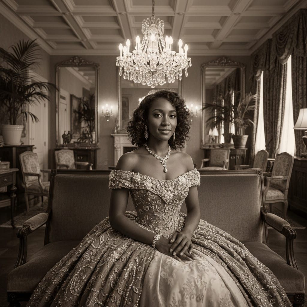 petite black woman aristocratic manor setting 19859422