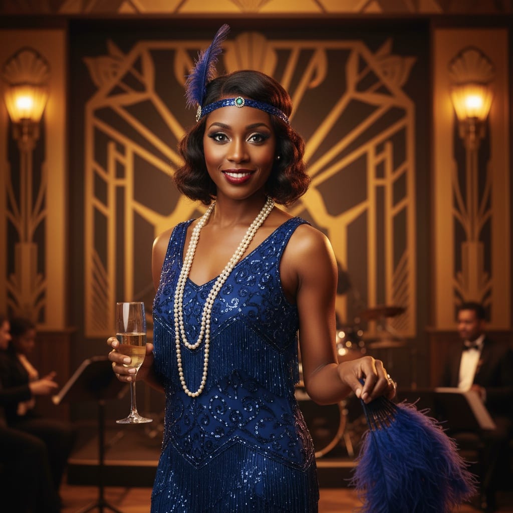 petite black woman art deco nightclub portrait 80050322