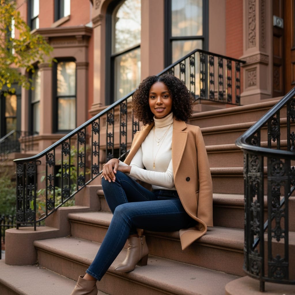 petite black woman back bay brownstone steps 72344269