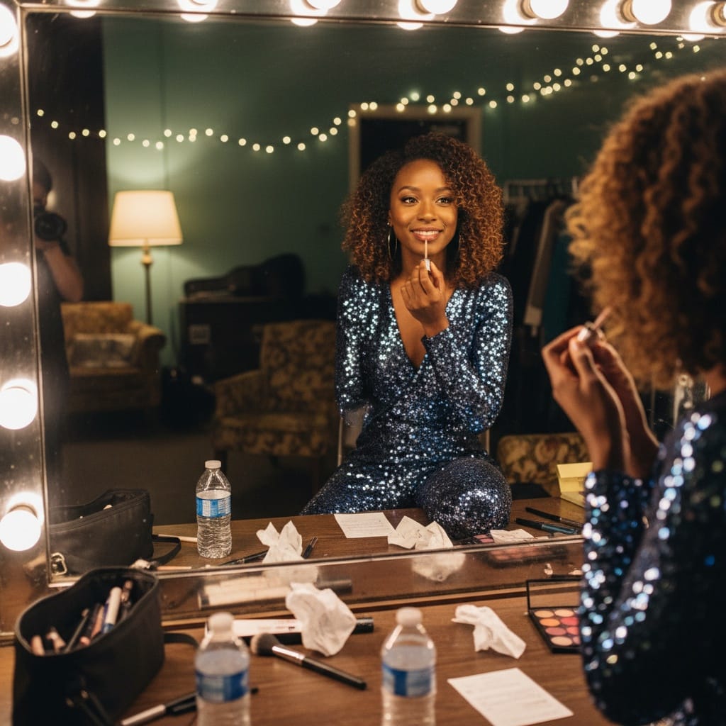 petite black woman backstage green room 91921717