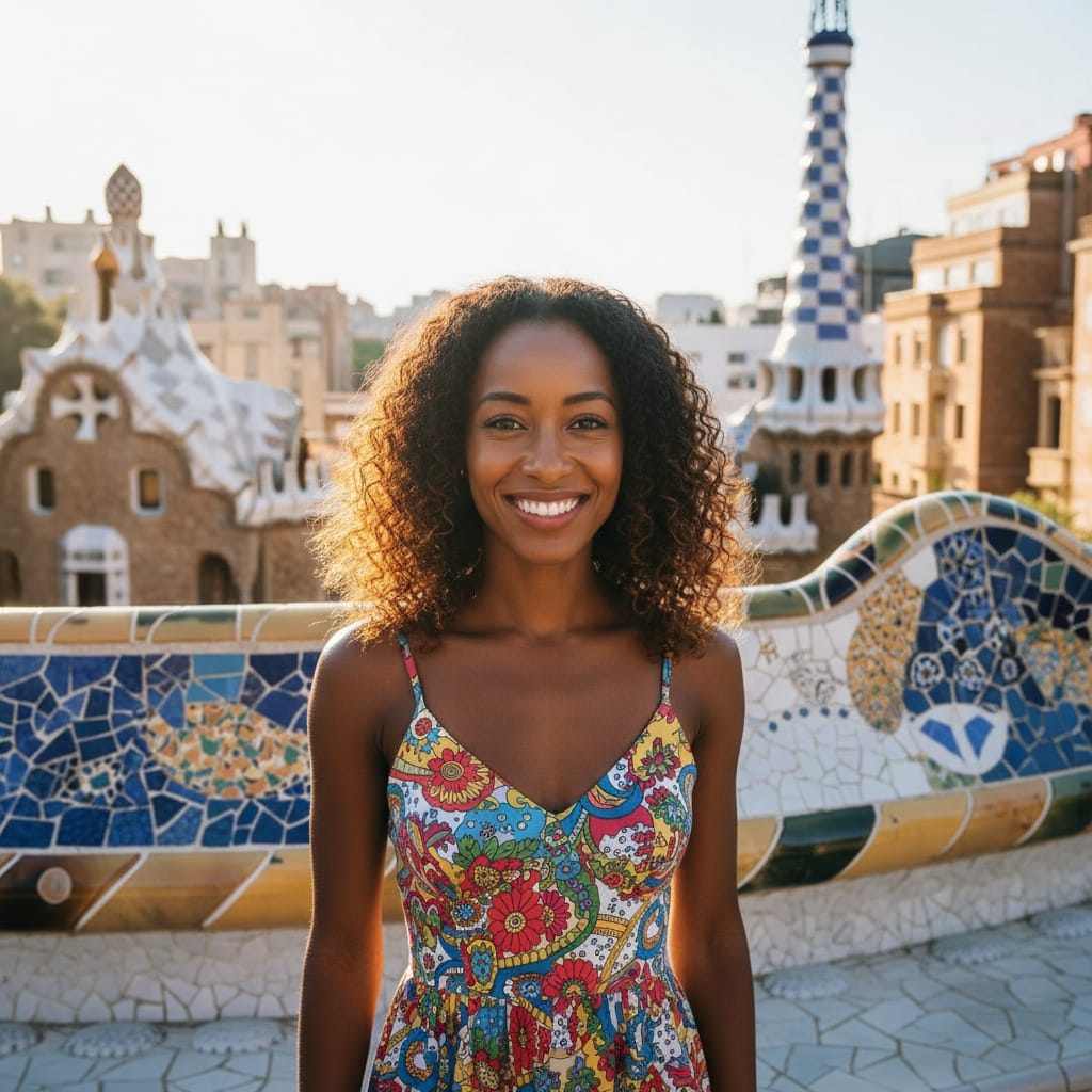 petite black woman barcelona gaudi architecture 29193064