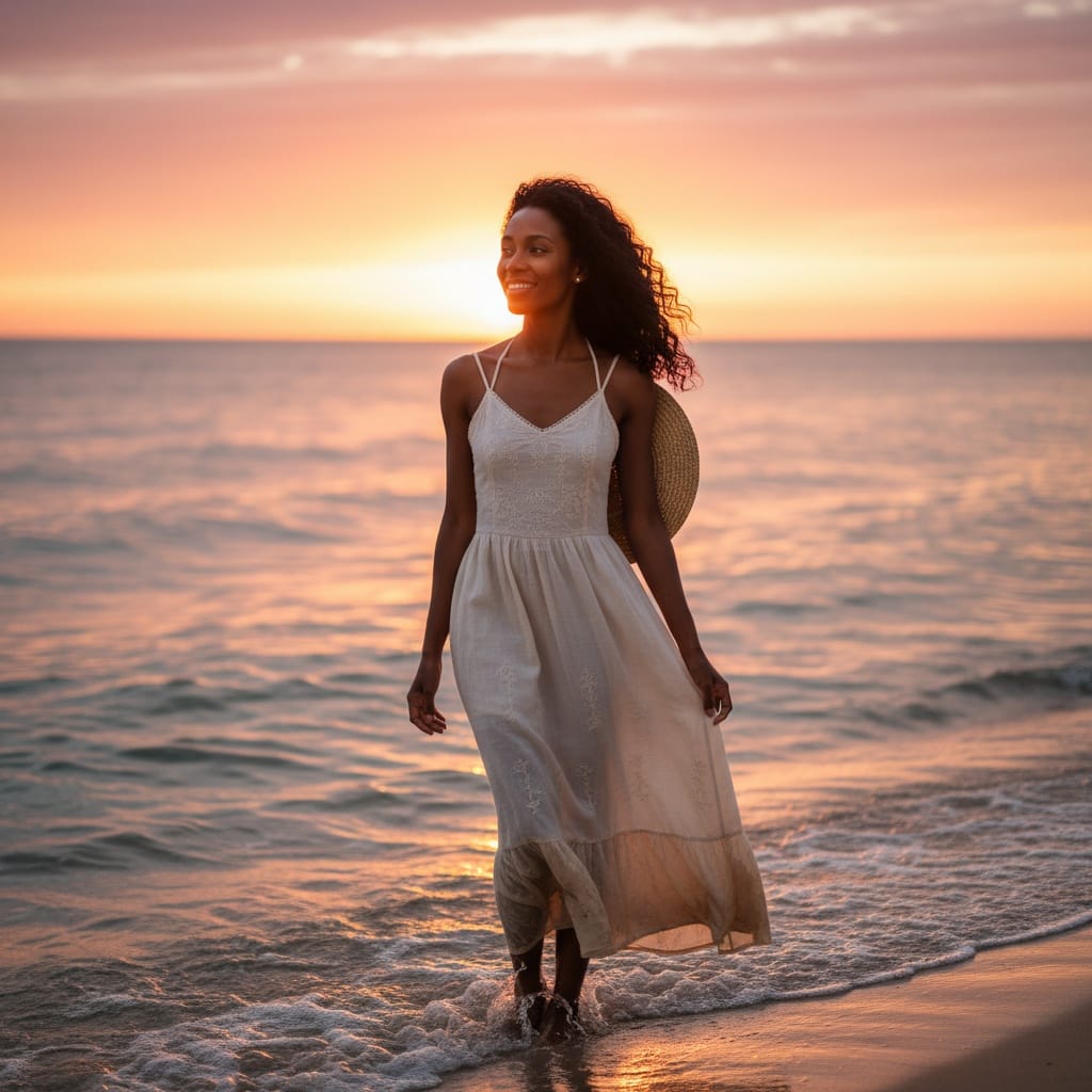 petite black woman beach sunset vacation vibes 57060471