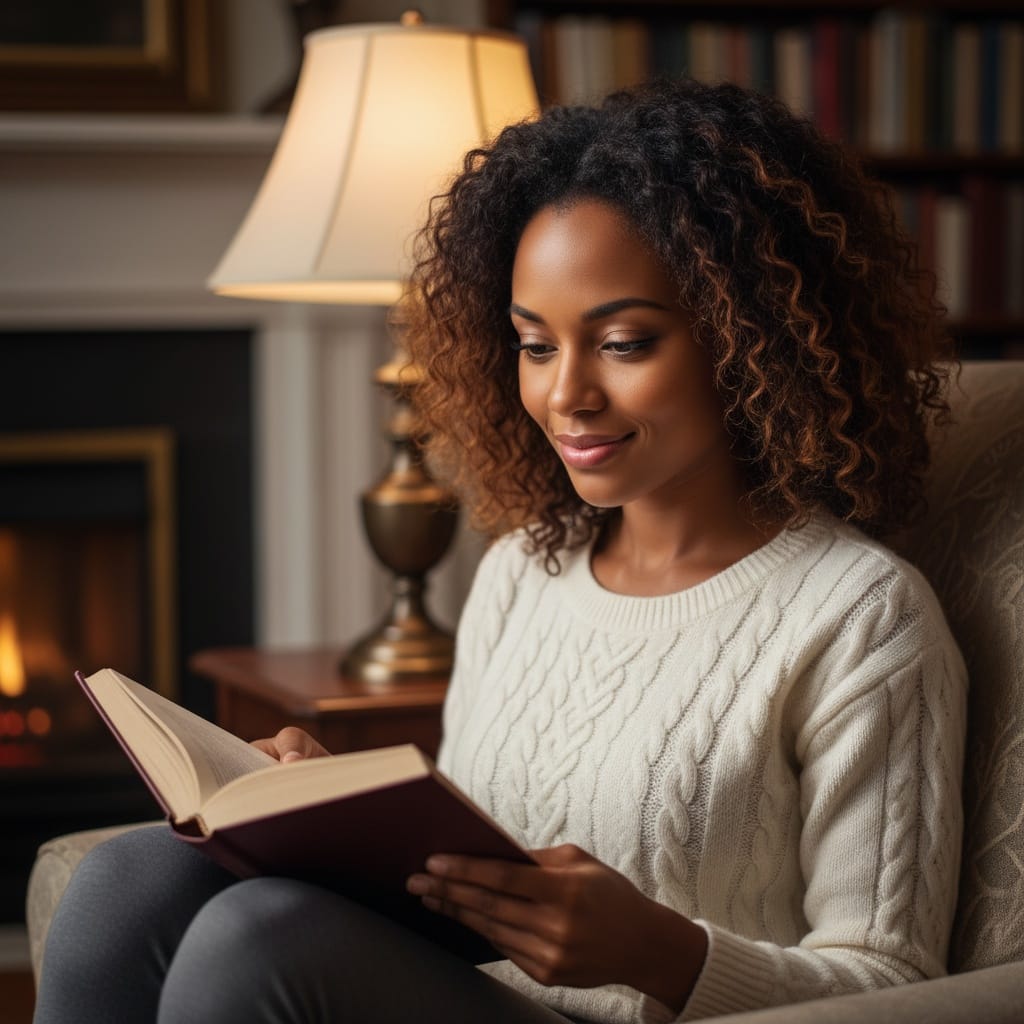 petite black woman book reading cozy 63041678