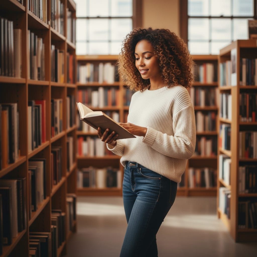 petite black woman bookstore library intellectual 94398385