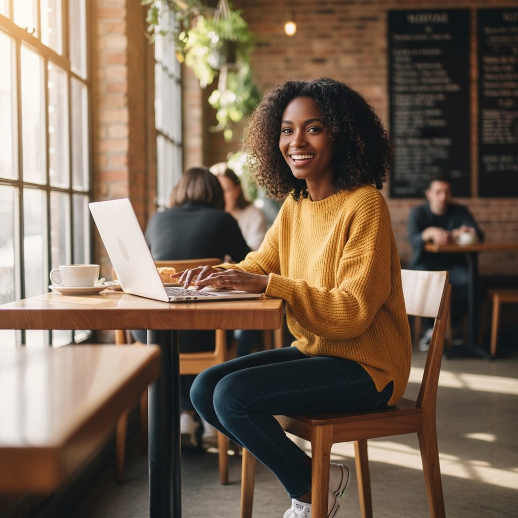 petite black woman casual laptop coffee shop 45555853