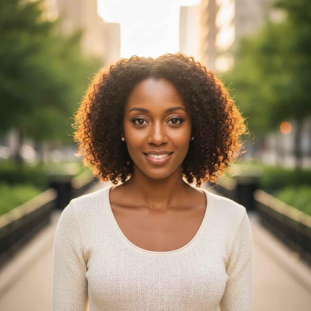 petite black woman casual outdoor smile 33742288