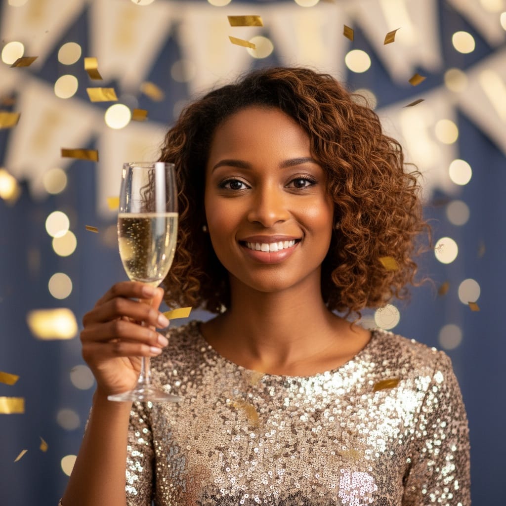 petite black woman champagne toast celebration 66848857