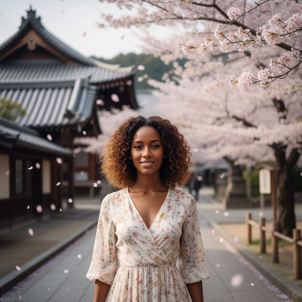 petite black woman cherry blossom temple grounds 68325017