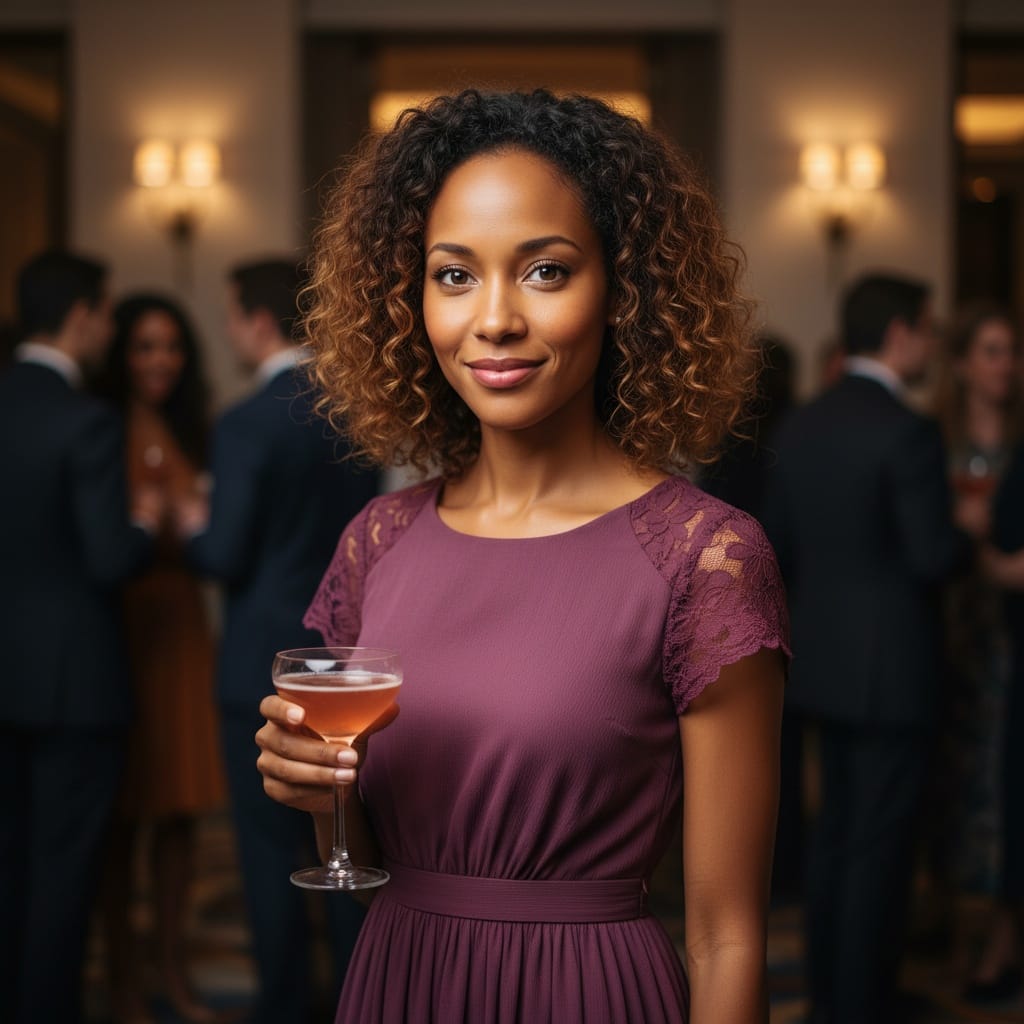 petite black woman cocktail hour mingling 78391032