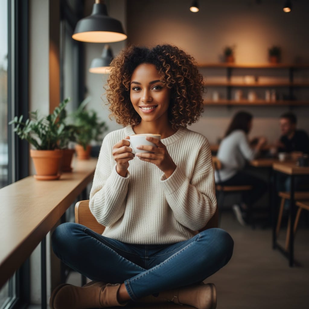 petite black woman coffee shop candid 15398599