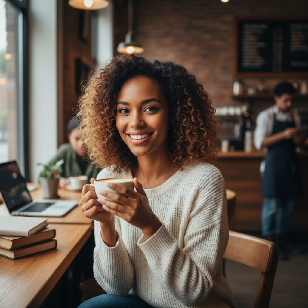 petite black woman coffee shop casual 63605230