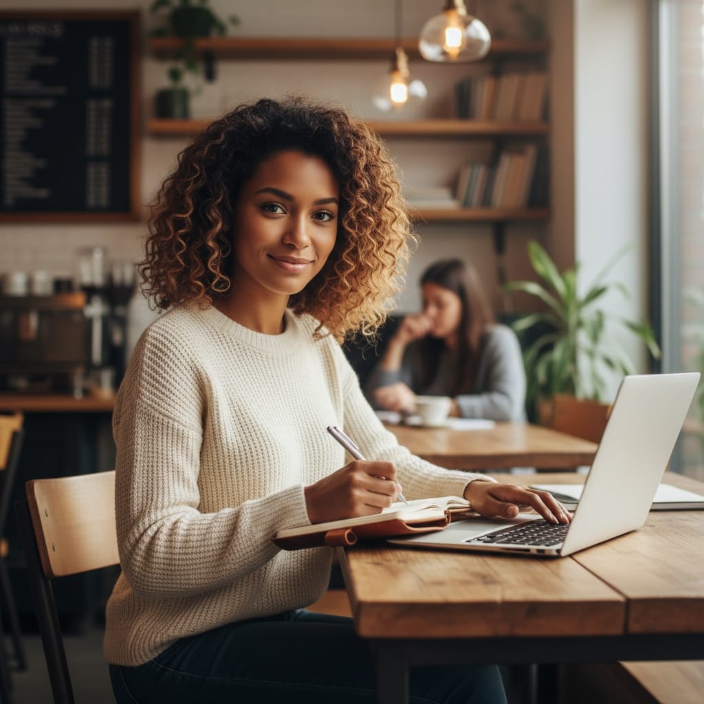 petite black woman coffee shop casual 77358318