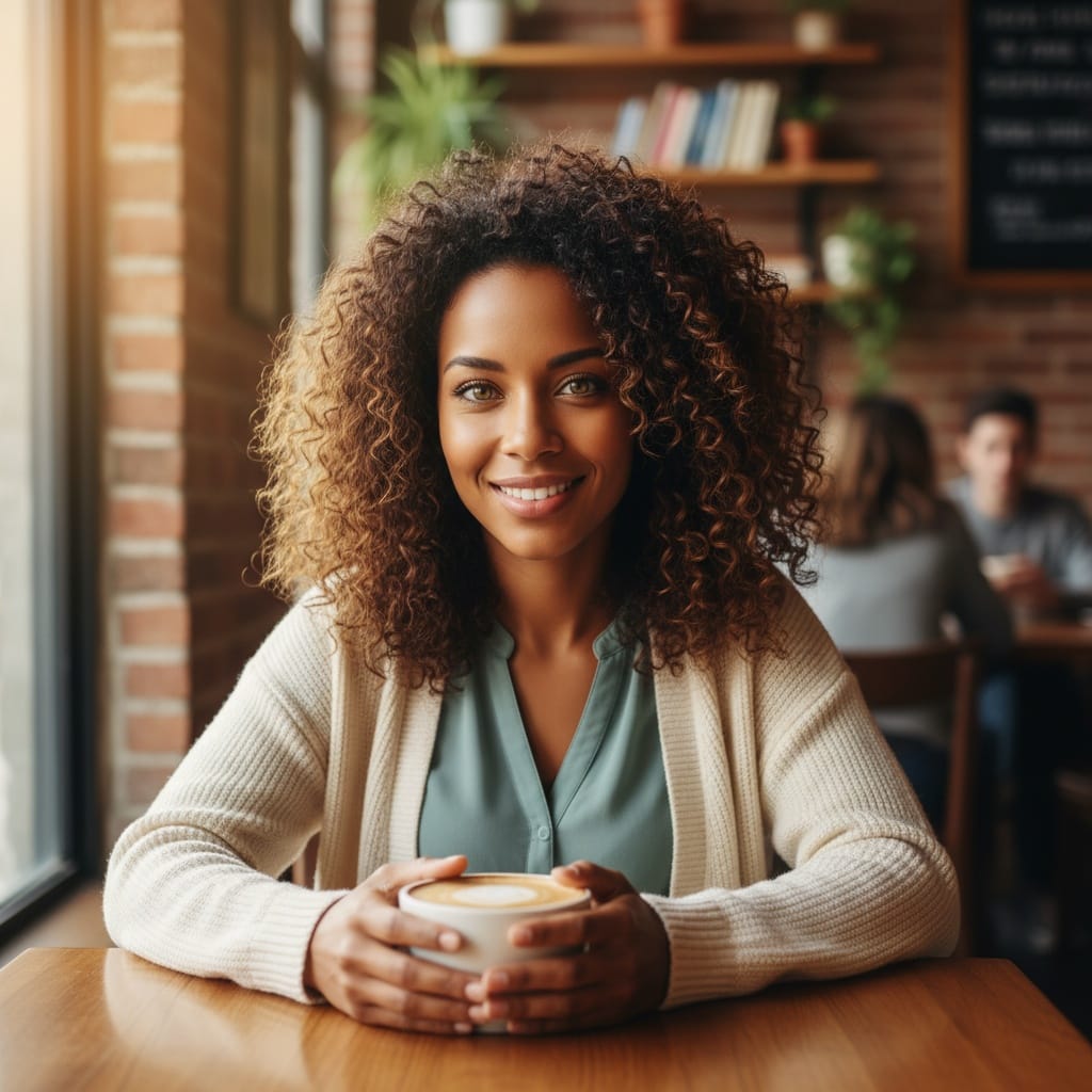 petite black woman coffee shop casual wholesome 37488283