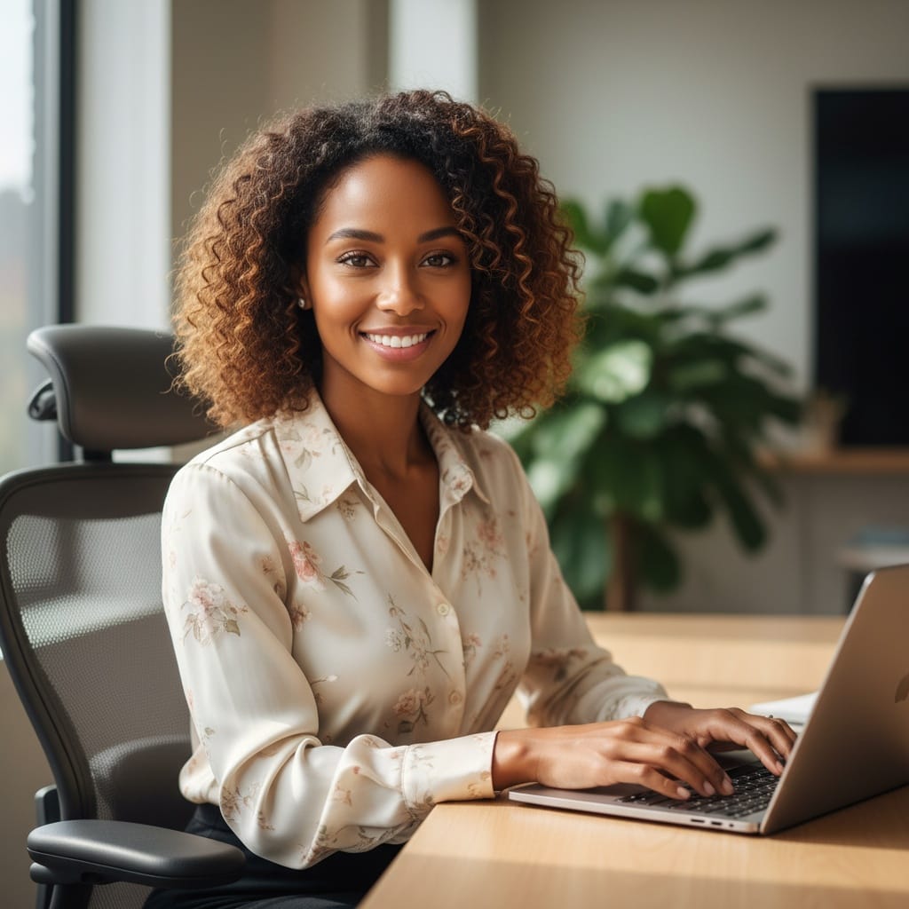petite black woman confident office workspace 59951531