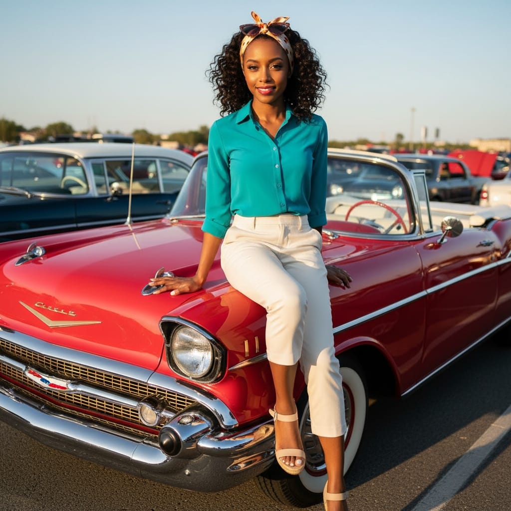 petite black woman convertible car portrait 97433004