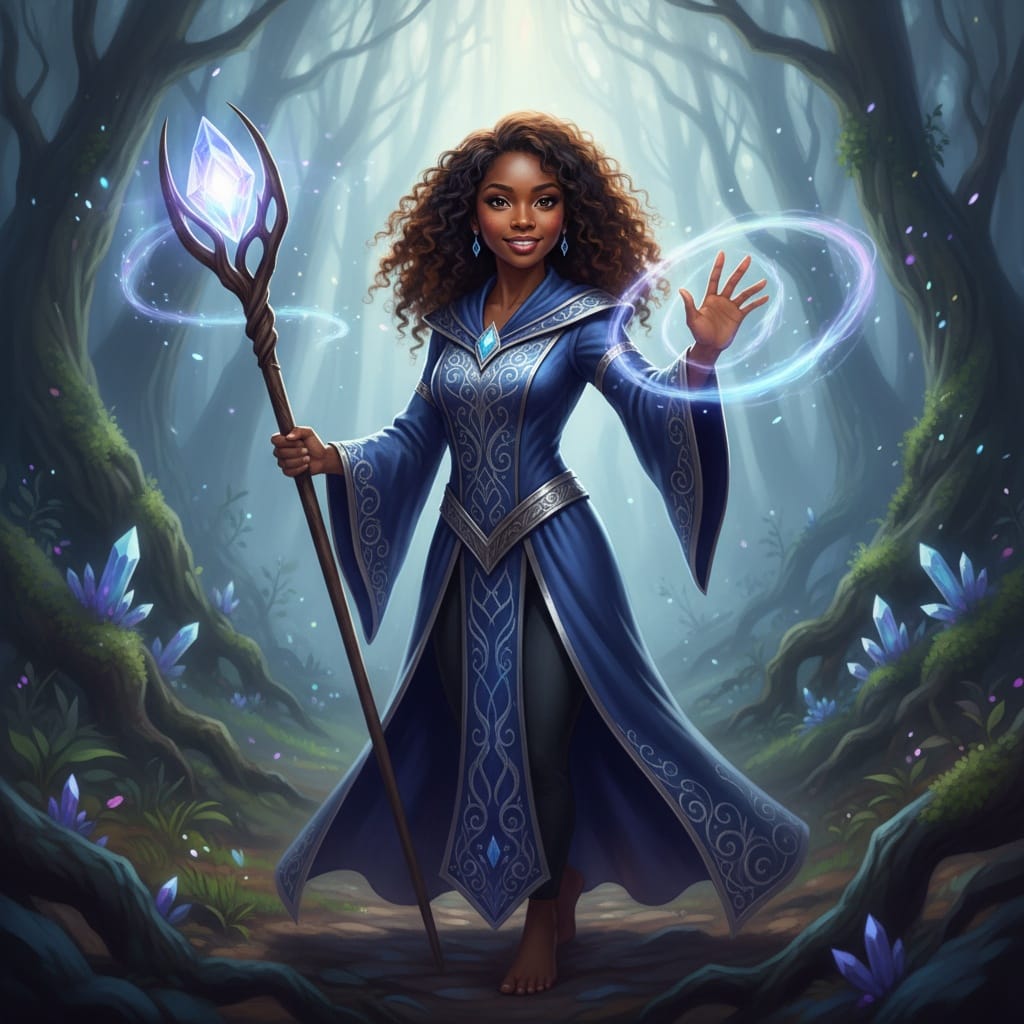 petite black woman fantasy mage casting spell 26704426
