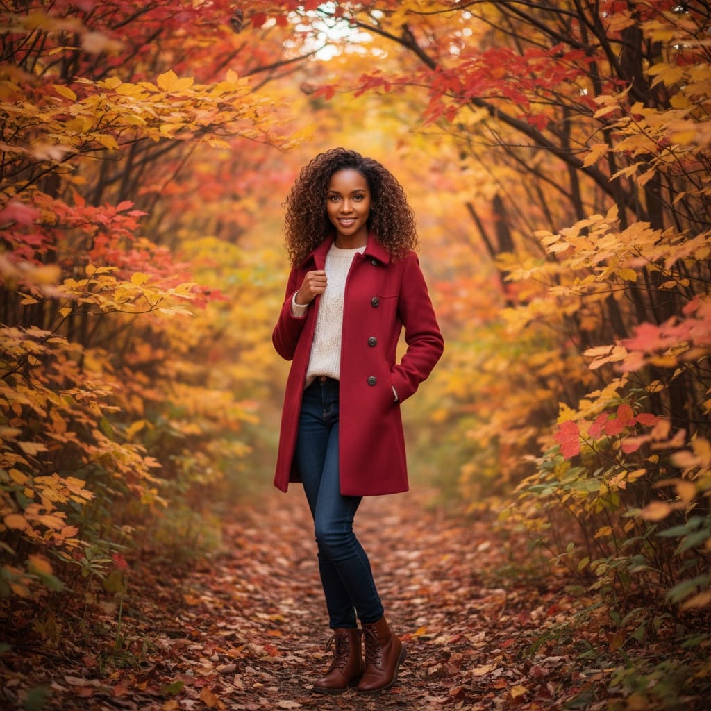 petite black woman forest trail fall colors 45269655