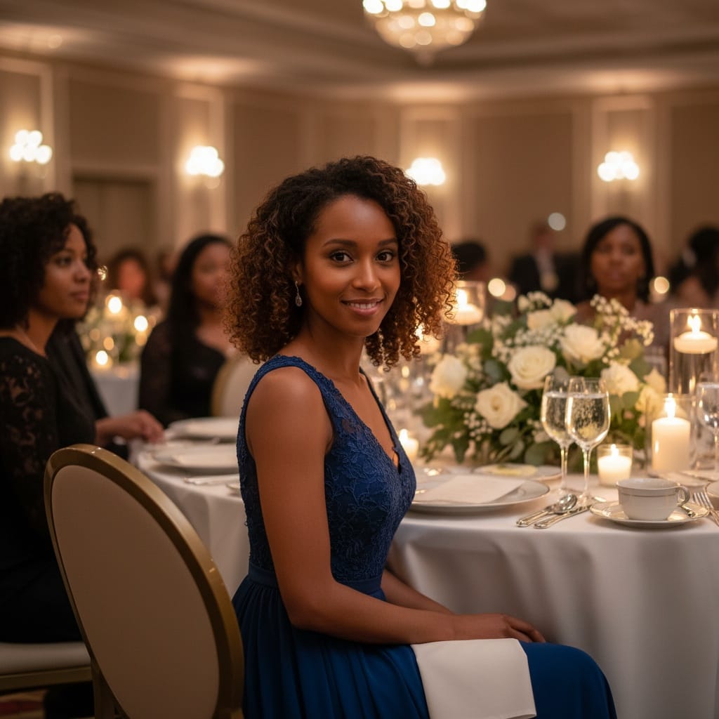 petite black woman formal dinner table 88198589