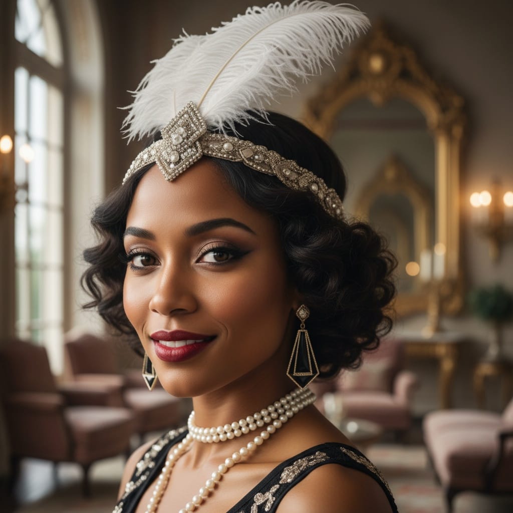 petite black woman gatsby mansion closeup 18766625