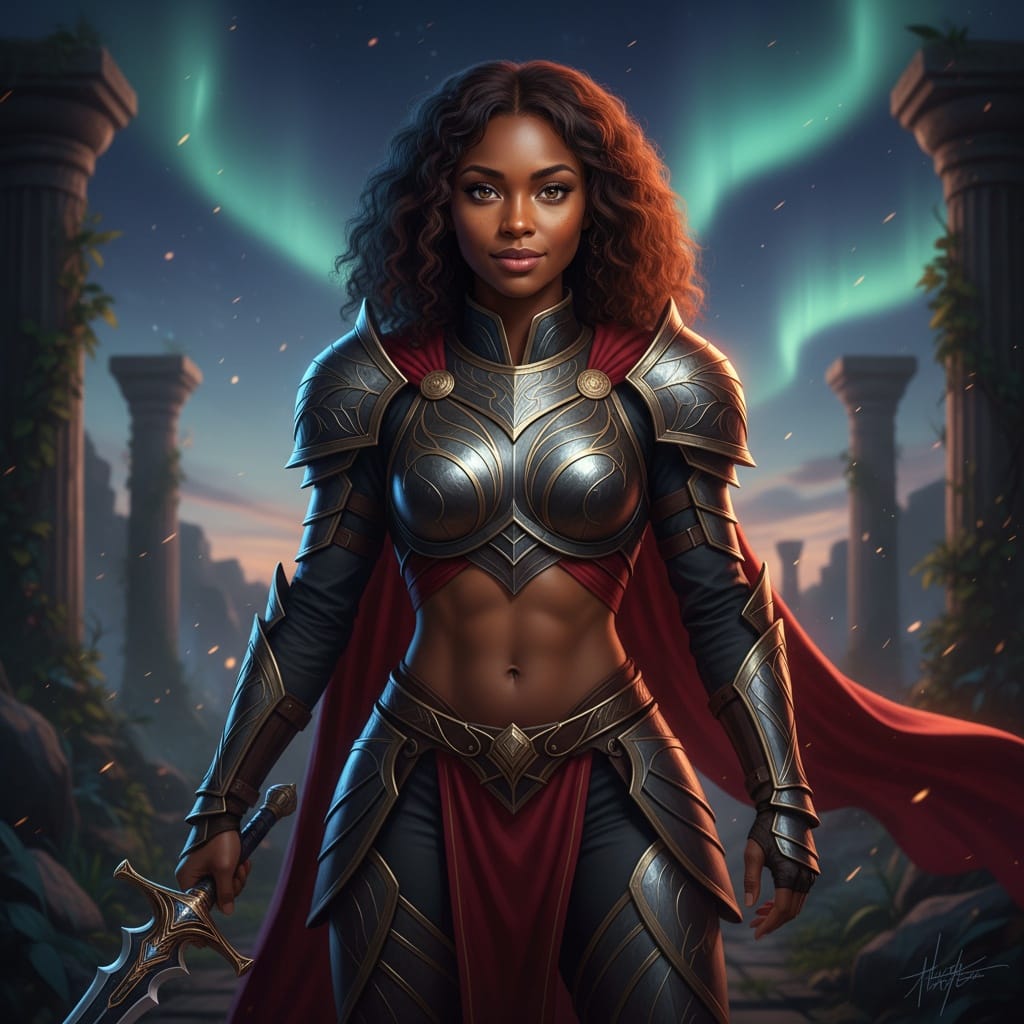 petite black woman heroic pose dramatic lighting 50089888