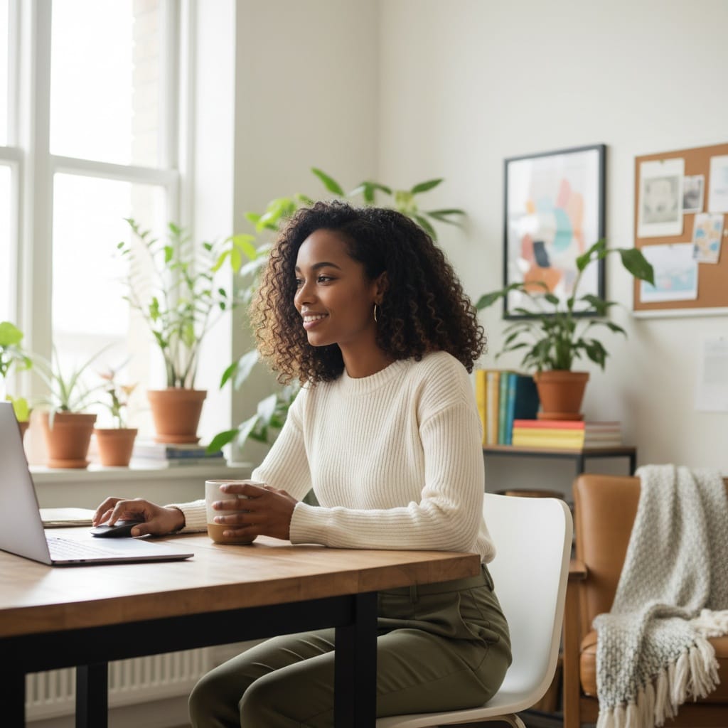 petite black woman home office authentic 68978027
