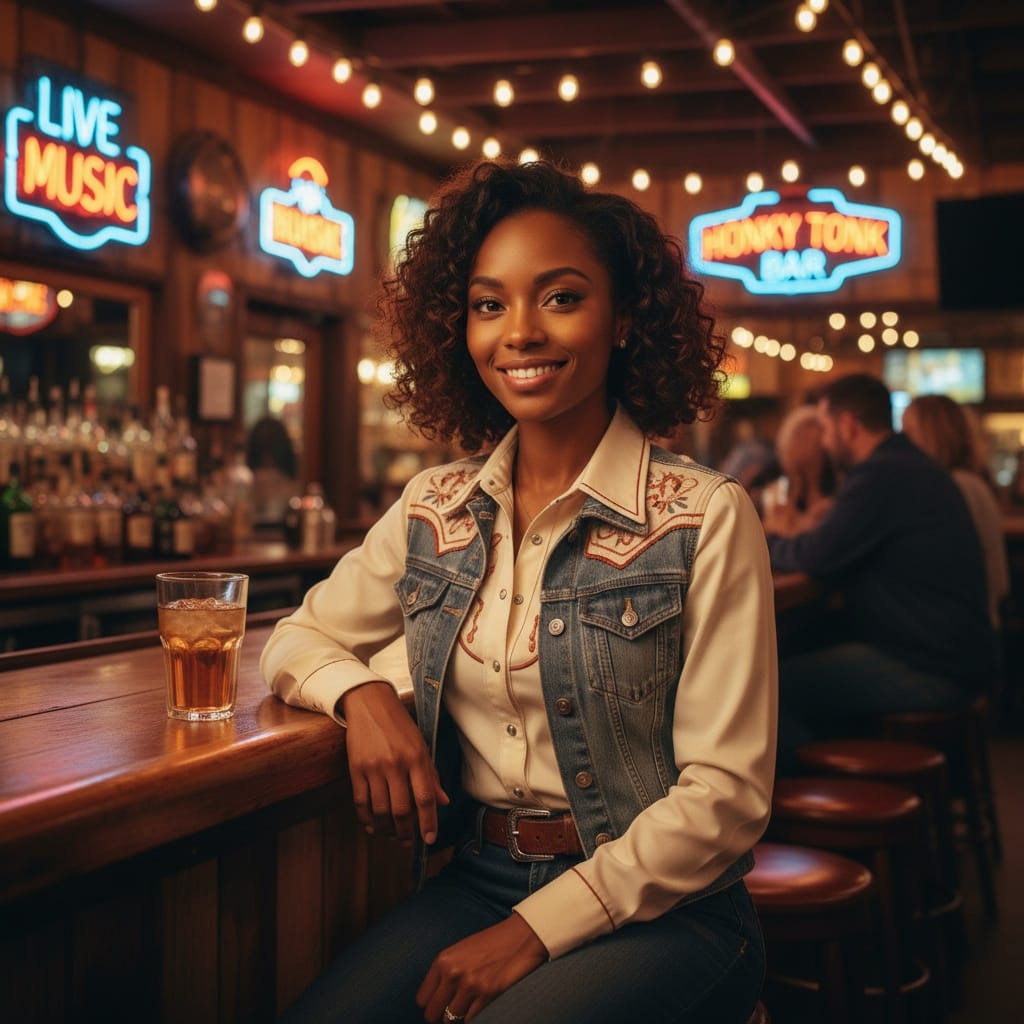 petite black woman honky tonk bar interior 85946738