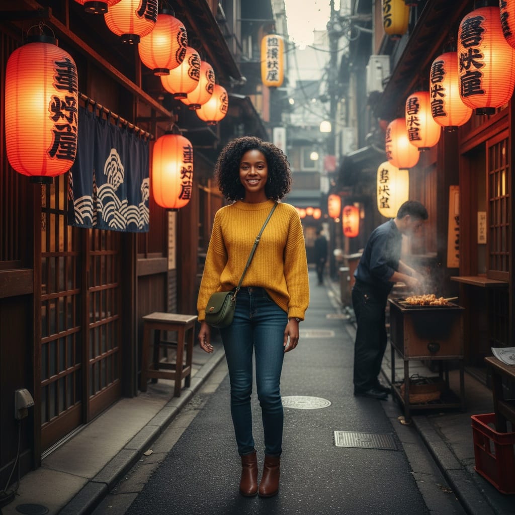 petite black woman izakaya entrance lanterns 27286821