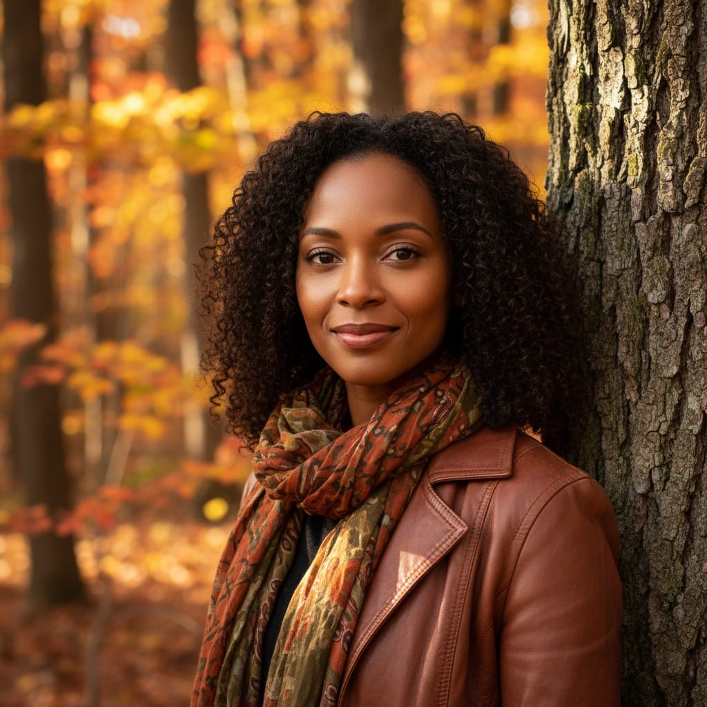 petite black woman leaning against tree portrait 58822035