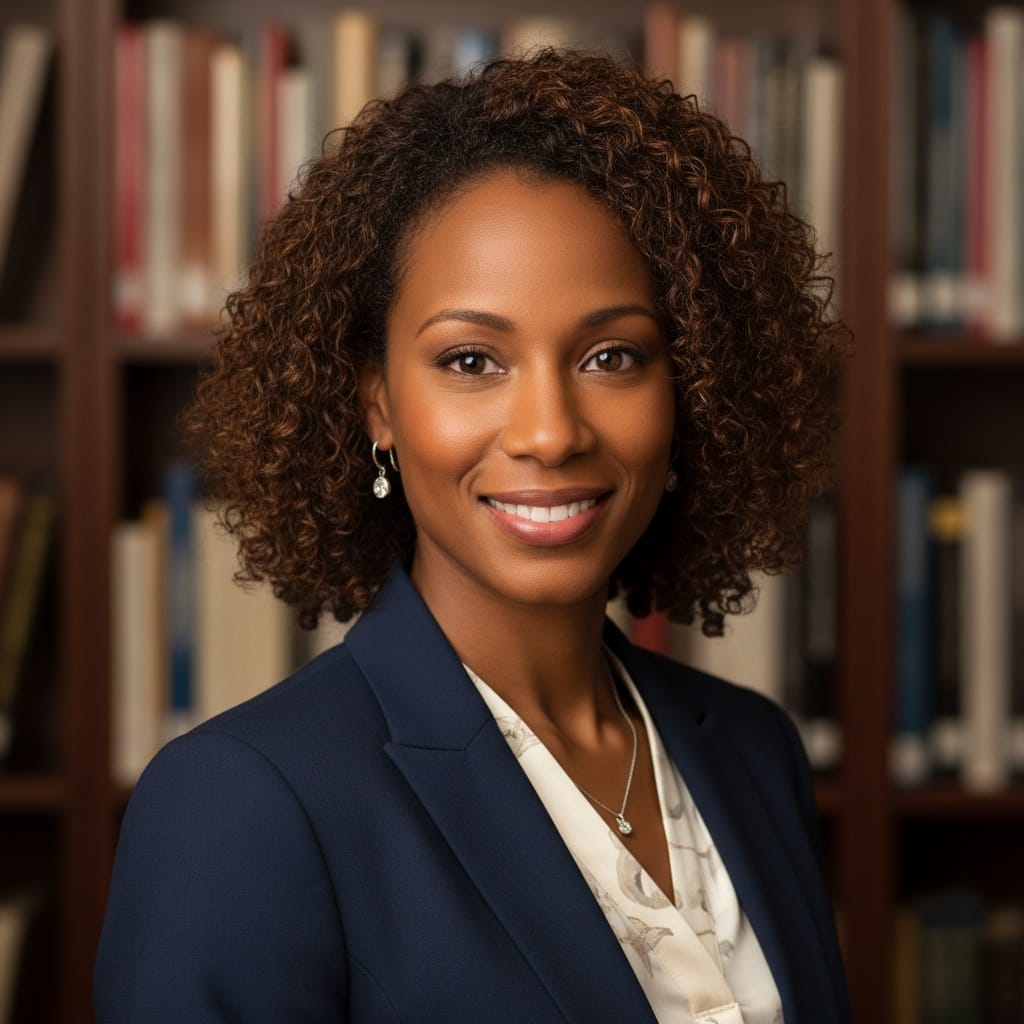 petite black woman library bookshelf background 87649529