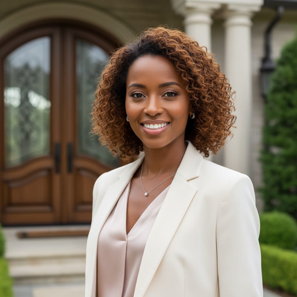 petite black woman luxury home entrance 77477829