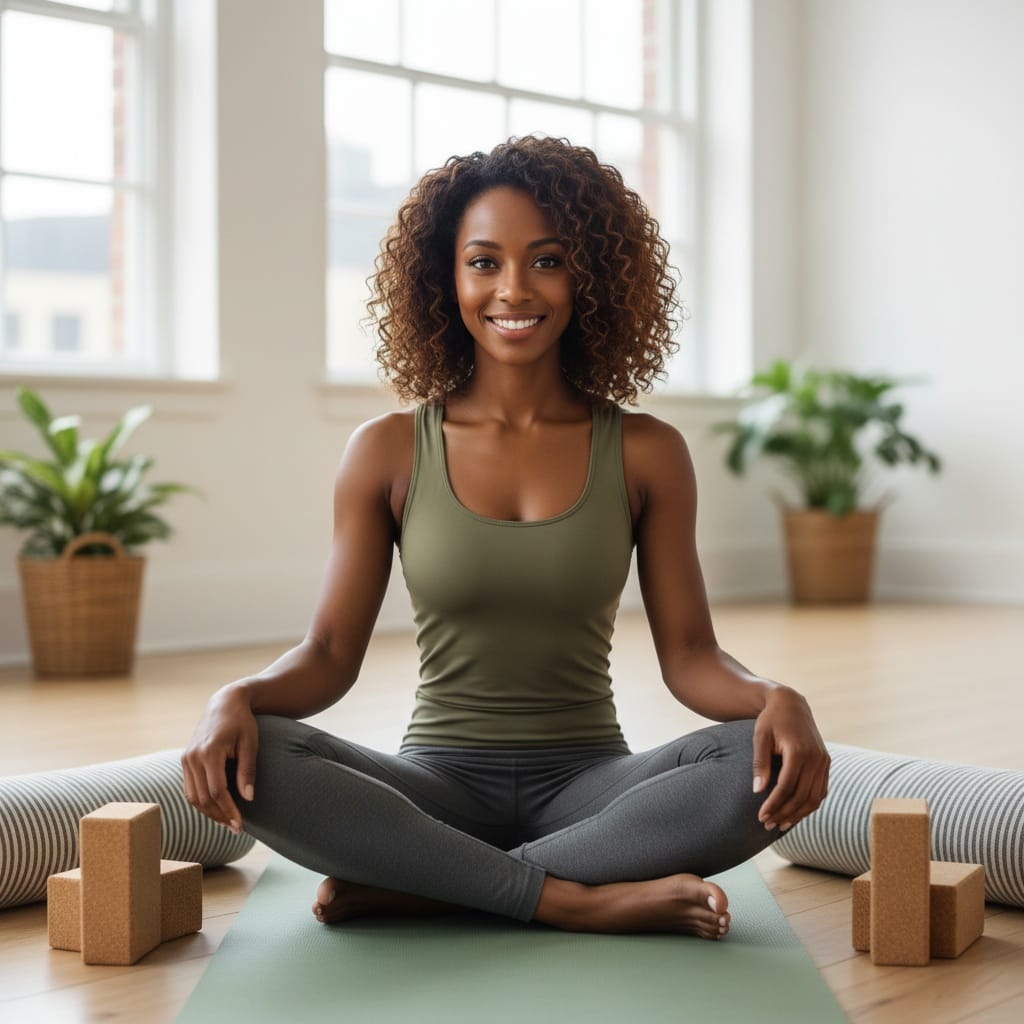 petite black woman mat with props seated 12948677