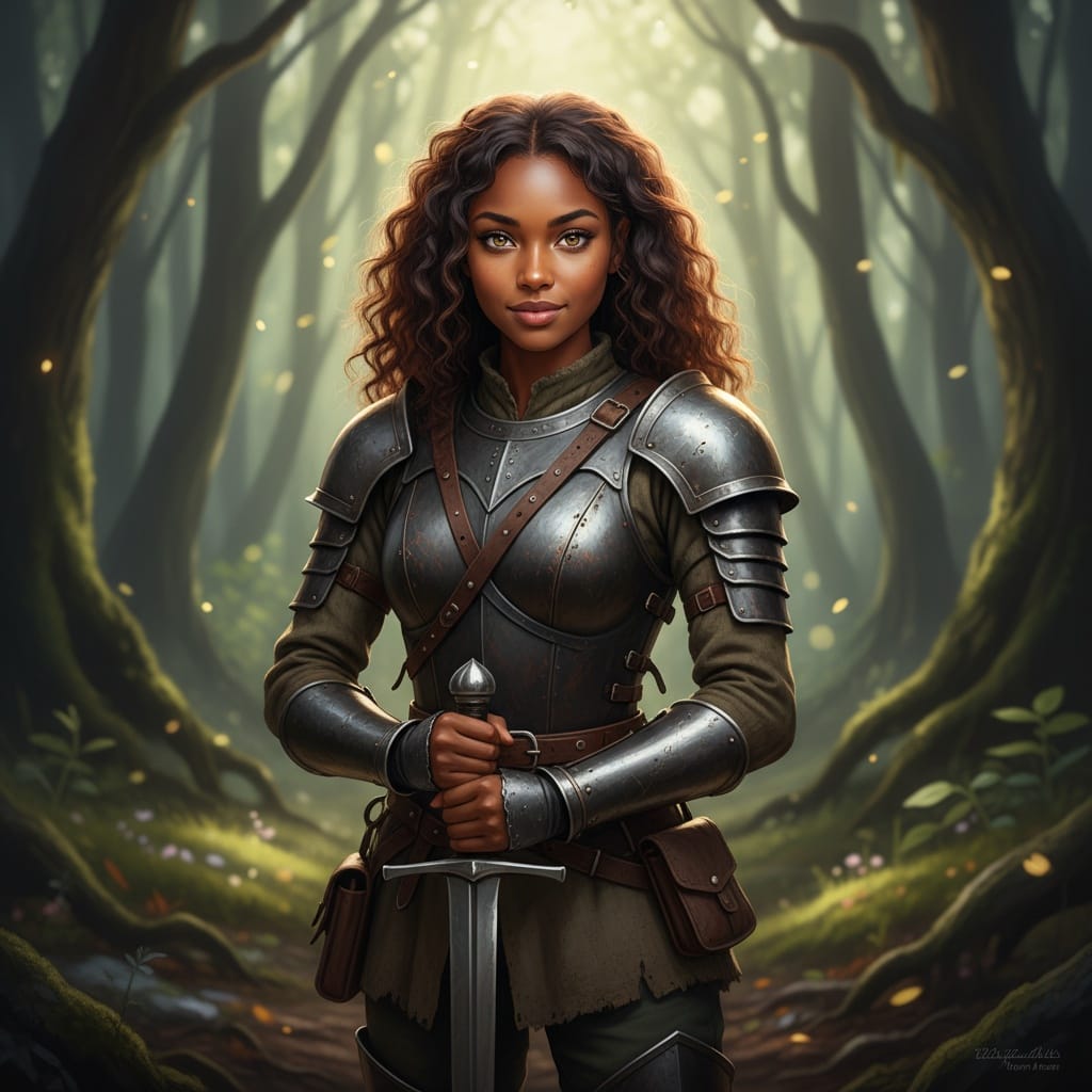 petite black woman medieval warrior forest clearing 14056970