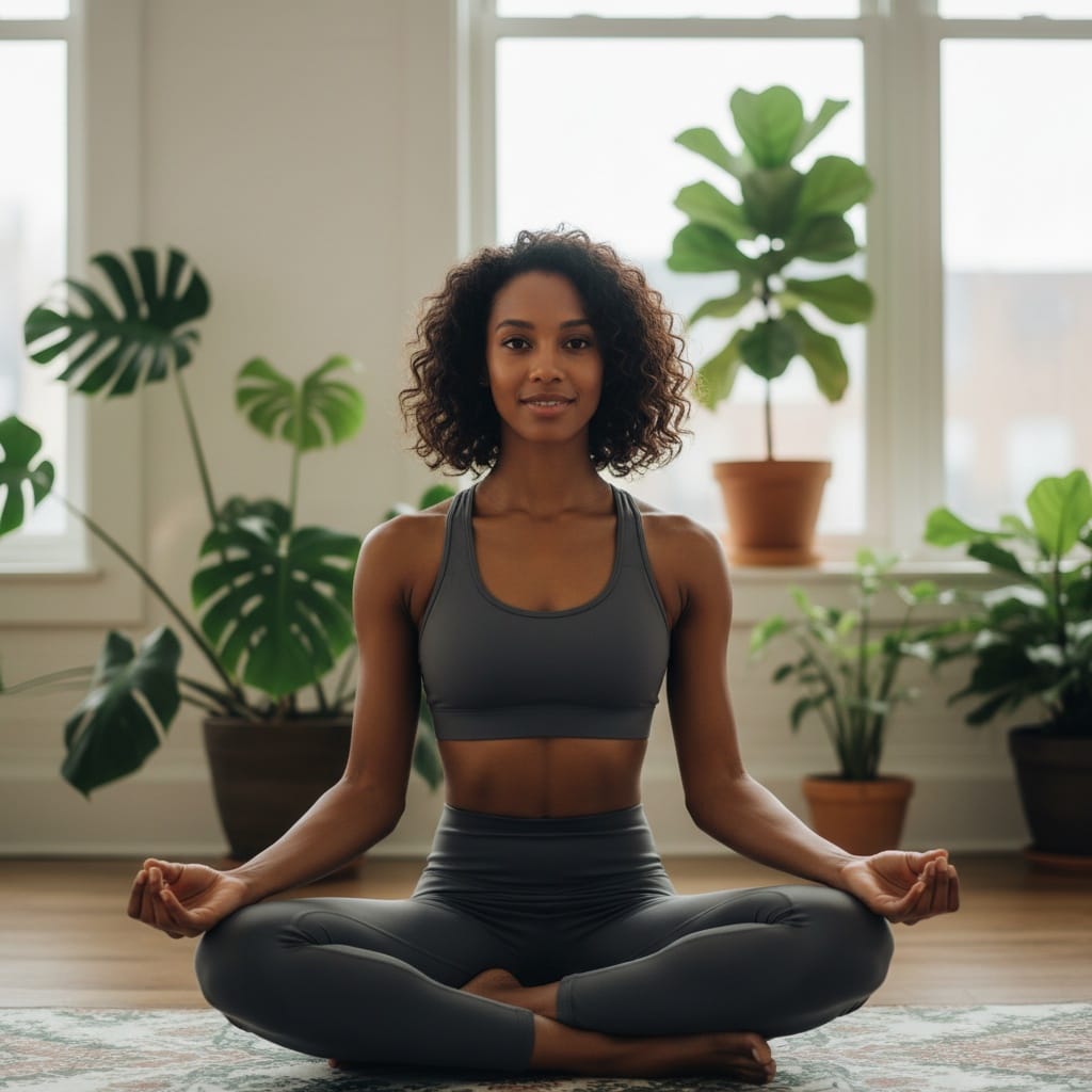 petite black woman meditation pose studio 40576683